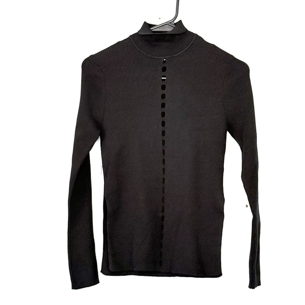 Find Me Now Sweater Medium Black Mock Turtleneck Ribbed Front Cutout Slit NEW